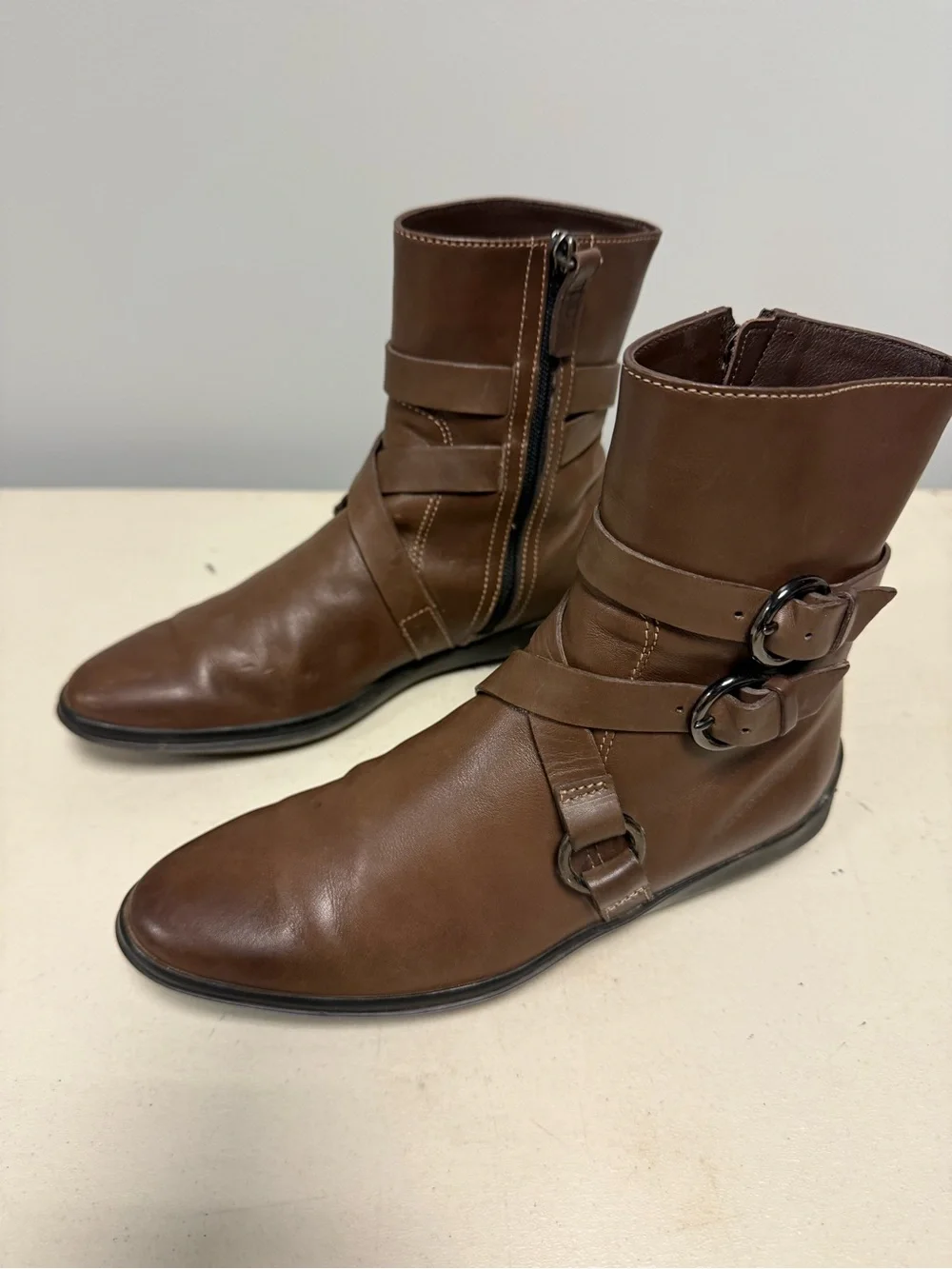 Tod's Brown Leather Ankle Boots with Buckle Straps